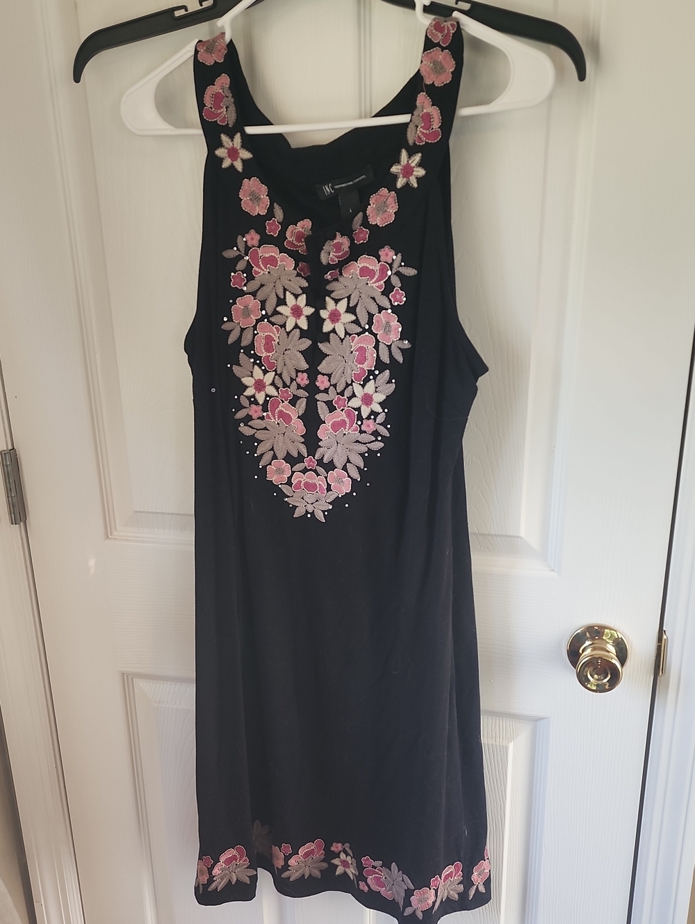 INC International Concepts Black Sleeveless Dress with Pink Floral Embroidery